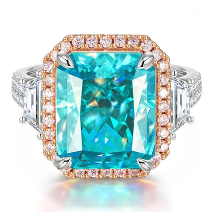 Moissa 8ct Sunset Glow Radiant Cut Halo Cocktail Ring for Women | 14K Gold Plated Tarnish-Resistant Silver Ring, 12x10mm Lab Zircon, Bold Statement Ring for Party, Engagement & Anniversary - color: Vivid Blue