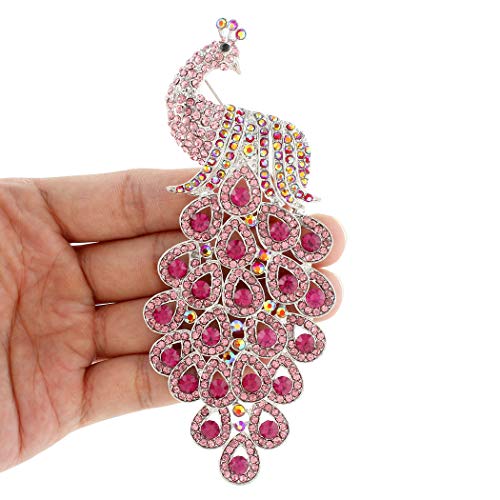 EVER FAITH New 5 Inch Peacock Pin Brooch Pendant Austrian Crystal - color: Silver-Tone Pink