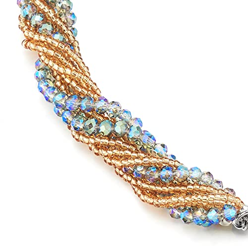 COOLSTEELANDBEYOND Multi-Layer Beads Crystal Braided Chain Choker Collar Magnetic Clasp,Statement Necklace, Bracelet - color: Q-Necklace Champagne & Blue Color