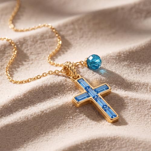 Fettero Cross Necklace for Women Faith Pendant 14K Plated Dainty Chain Necklaes Minimalist Simple Tiny God Lords Prayer Religious Jewelry - style: Blue Cross