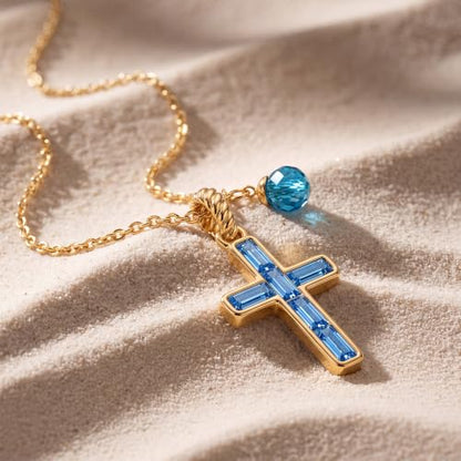 Fettero Cross Necklace for Women Faith Pendant 14K Plated Dainty Chain Necklaes Minimalist Simple Tiny God Lords Prayer Religious Jewelry - style: Blue Cross