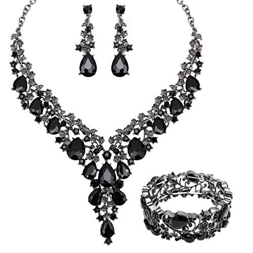 CSY Elegant Crystal Costume Jewelry Sets Flower Bridal Necklace Earrings Stretch Bangle Set for Bride Bridesmaid Wedding Dress Accessories - color: black