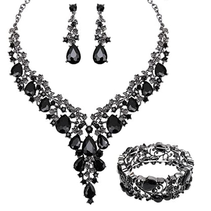 CSY Elegant Crystal Costume Jewelry Sets Flower Bridal Necklace Earrings Stretch Bangle Set for Bride Bridesmaid Wedding Dress Accessories - color: black