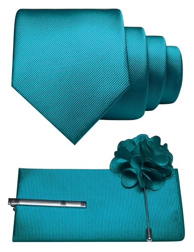 JEMYGINS Formal Necktie Solid Color Tie and Pocket Square with Tie Clip Lapel Pin Sets for Men 4PCS - color: Teal Blue