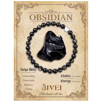 Bivei Crystal Stretch 6mm Bracelets for Women | Handmade Natural Stone Beaded Stretch Bracelet, Stainless Steel Heart Bead, Tranquility Yoga Gift Jewelry for Women - color: Obsidian - Protective