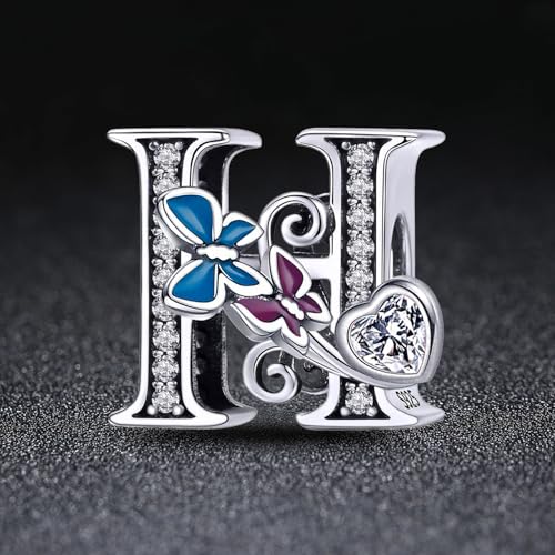 S925 Silver Butterfly Initial Letter Charms Fit for Pandora Charms Bracelets and Necklace Alphabet Bead Charms Jewelry Gifts for Women - color: H