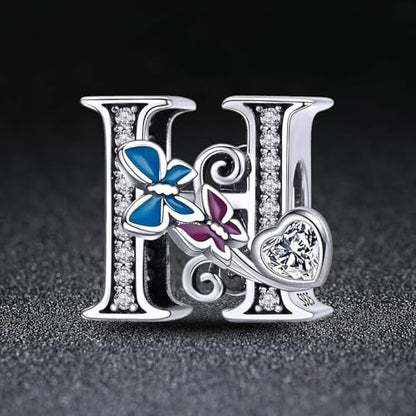 S925 Silver Butterfly Initial Letter Charms Fit for Pandora Charms Bracelets and Necklace Alphabet Bead Charms Jewelry Gifts for Women - color: H