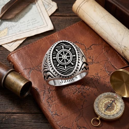 Dacc & Aya Custom Engraved Vintage Signet Ring 925 Sterling Silver Black Oxidized Personalized Statement Jewelry for Men - style: C-Rudder