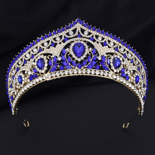 Princess Tiara Crown and Jewelry Sets for Women Wedding Rhinestone Crystal Tiaras and Crowns with Necklace Earrings Party Birthday Accessories - color: Gold Blue