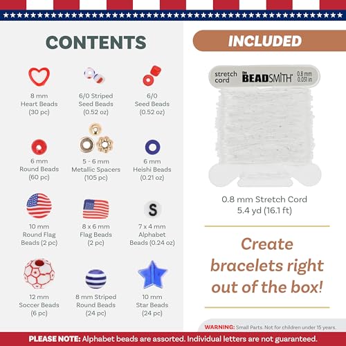 The Beadsmith USA Bead Mix Assortment – Red White and Blue Beads with American Flags & Soccer Balls, Includes 5.4 yd (16.1 ft) Stretch Cord in 0.8 mm Dia, 250 Anniversary USA Merchandise Beads