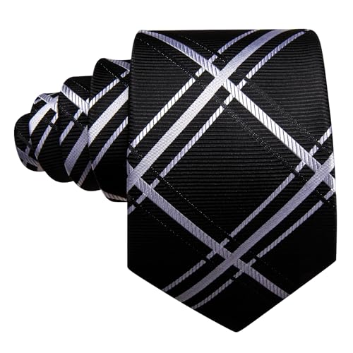YOHOWA Men Plaid/Striped Ties Clip Set Silk Necktie Pocket Square Cufflinks | Woven Classic,Formal/Casual Mens Tie,Pocket Square Cufflinks Set,Luxury,Business,Wedding,Party,Prom,Graduation - color: Black White