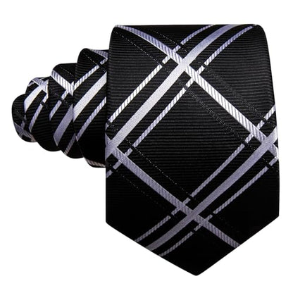 YOHOWA Men Plaid/Striped Ties Clip Set Silk Necktie Pocket Square Cufflinks | Woven Classic,Formal/Casual Mens Tie,Pocket Square Cufflinks Set,Luxury,Business,Wedding,Party,Prom,Graduation - color: Black White