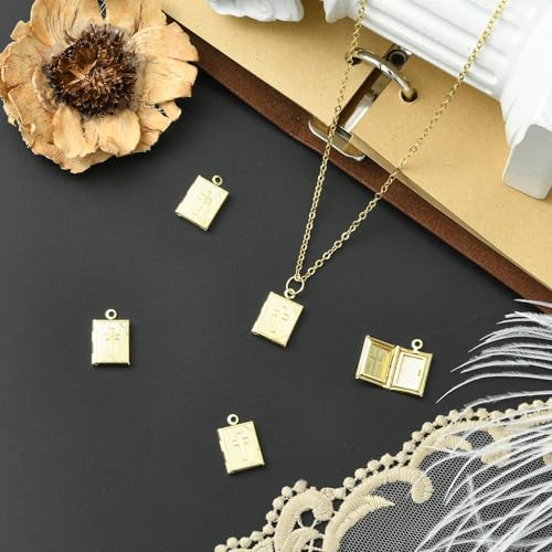 KitBeads 5Pcs Bible Book Charms Brass Gold Plated Religious Photo Frame Locket Pendants for DIY Memorial Necklaces Keychains Jewelry Making Crafts