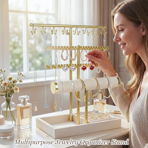 3 Tier Jewelry Organizer Stand with Ring Tray - Adjustable Tall 17.7" (Max), Jewelry Holder for Necklace, Bracelet, Earring, Ring Storage, Jewelry Display Storage Stand for Women