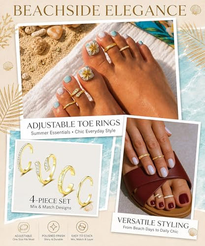 4Pcs Toe Rings for Women Non Tarnish 14K Gold Filled Toe Ring Adjustable Flower CZ Band Wave Dainty Toe Ring Summer Beach Open Toe Rings Set Waterproof Toe Jewelry Foot Jewelry - color: Gold hug
