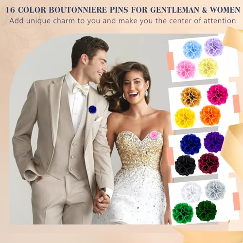 Yadiana 16 Pcs Lapel Flower Pins for Men Suit, Handmade Satin Boutonniere Pins Gentleman Women Flower Brooch Pins Set with Gift Box for Wedding Groom Tuxedo Clothes Accessories (4cm)