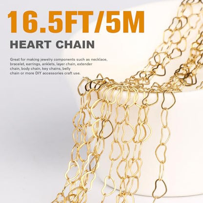 16.5FT Gold Heart Chain Roll 3.5mm Stainless Steel Chain for Jewelry Making | 18K Gold PVD Plated Heart Link Chain Spool Bulk for Necklace Bracelet Crafts - color: gold color(3.5mm)