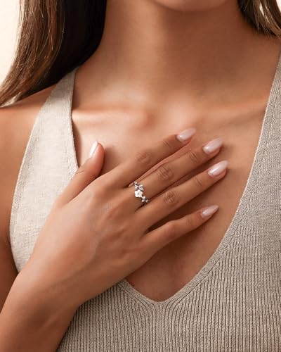 Rings for Women Non Tarnish, 14K Gold Plated Open Pearl Flower Band Adjustable Cubic Zirconia Rings for Women - color: silver