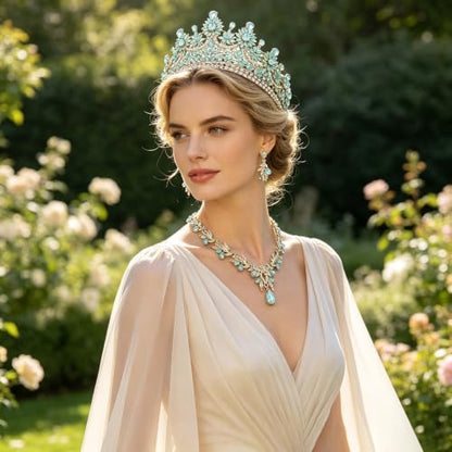 Crowns and Tiaras Jewelry Set for Women.Wedding (Gold Green) | Wedding Crown, Necklace Earrings, Princess Queen Birthday Party, Pageant Bridal, Costume Accessories - color: Opal Green