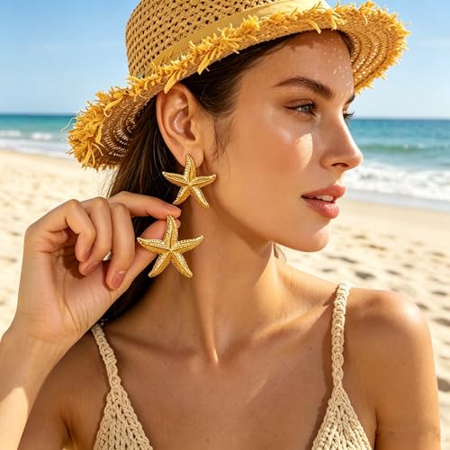 Gold Statement Earrings For Women, 14K Gold Plated Textured Geometric Drop Earrings - Hypoallergenic Stainless Steel Statement Earrings for Women, Waterproof Fan-Shaped Dangle Earrings for Beach & Daily Wear - color: Starfish DKE252012GL