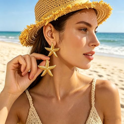 Gold Statement Earrings For Women, 14K Gold Plated Textured Geometric Drop Earrings - Hypoallergenic Stainless Steel Statement Earrings for Women, Waterproof Fan-Shaped Dangle Earrings for Beach & Daily Wear - color: Starfish DKE252012GL