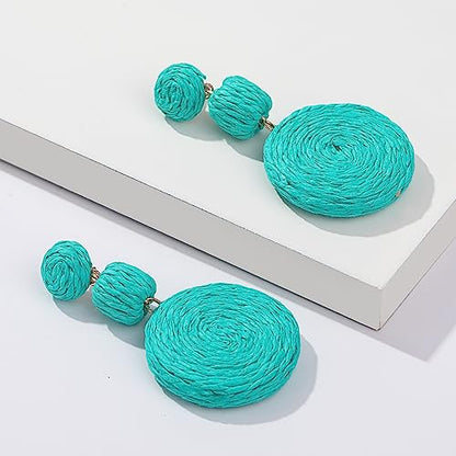 Statement Raffia Boho Round Dangle Ball Earrings - Cute Handmade Summer Bohemian Dangling Jewelry for Women - color: Teal