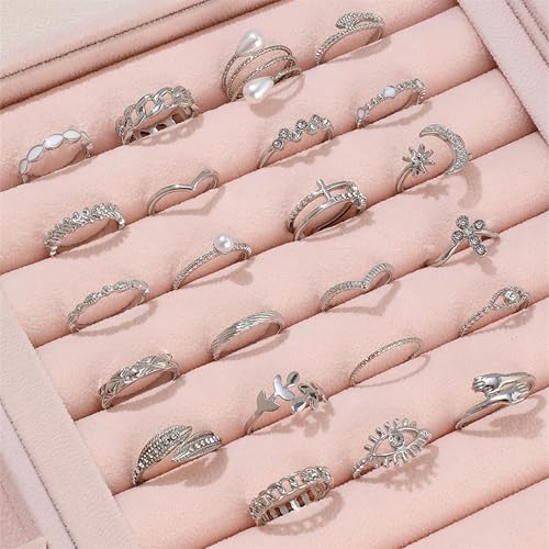 HUASAI Gold Stackable Rings Set for Women Boho Dainty Moon Star Pearl Leaf Cubic Zirconia Heart Midi Pinky Trendy Jewelry Birthday Gifts - color: C Silver 23 Pcs