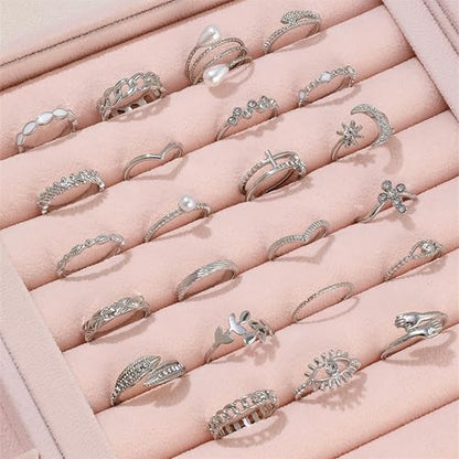 HUASAI Gold Stackable Rings Set for Women Boho Dainty Moon Star Pearl Leaf Cubic Zirconia Heart Midi Pinky Trendy Jewelry Birthday Gifts - color: C Silver 23 Pcs
