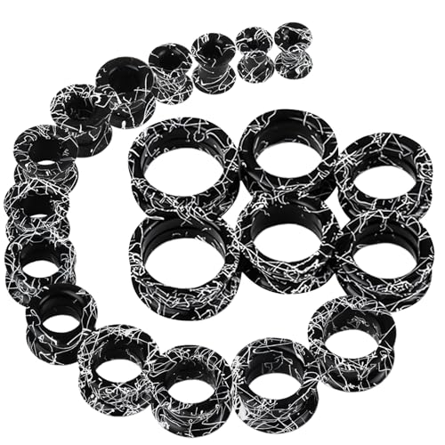 20Pcs Silicone Ear Gauges 2G-25mm Flexible Ear Tunnels Gauges Soft Expander Stretching Ear Plugs Tunnels Black Earring Piercings Jewelry for Men Women - color: Thick Black with White Threads Silicone