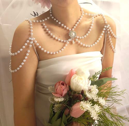 Pearl Shoulder Jewelry Bridal Wedding Shoulder Necklace Chain Festival Rave Party Outfit Accessories for Women Statement Body Chain