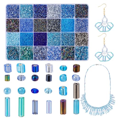 PH PandaHall 16100pcs Glass Seed Beads 24 Style 2mm Small Round Waist Bead 12/0 Ocean Blue Bugle Beads Tube Bead for Christmas Friendship Bracelet Jewelry Making Embroidery Beading Weaving DIY Craft