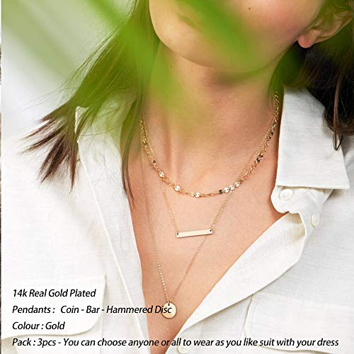 Turandoss Gold Layered Necklaces for Women - 14K Gold Plated Handmade Multilayer Bar Pearls Coin Disc Moon Butterfly Medallion Adjustable Dainty Layered Choker Necklaces for Women Jewelry - style: 3PCS - Coin&Bar&Hammered Disc