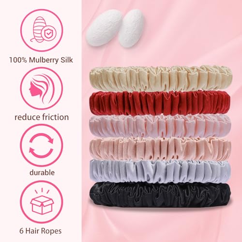 6PCS Hair Scrunchies 100% Mulberry Silk Scrunchie for Women Girls Curly Thick Satin Thin Hair .Women's Black Large Cute Big Sleepy Bulk Small Tie Scrunchie Sleep - color: Small Silk Hair ties Style 6