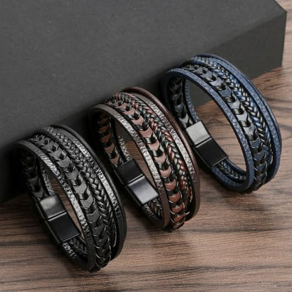 Mens Leather Bracelet Multi-Layer Braided Bracelet Wristband Father's Day Birthday Jewelry Gifts 8.5" Classic Bracelet with Stainless Steel Buckle - color: black
