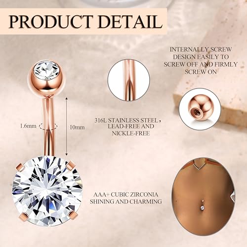 Dochais Pink Heart Belly Button Ring Piercing 8Pcs 14G Surgical Stainless Steel Navel Piercing Hypoallergenic Cute Created-opal Butterfly Belly Button Rings for Women - color: Rose Gold-1