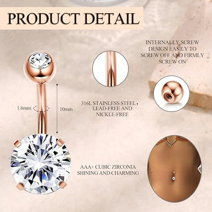 Dochais Pink Heart Belly Button Ring Piercing 8Pcs 14G Surgical Stainless Steel Navel Piercing Hypoallergenic Cute Created-opal Butterfly Belly Button Rings for Women - color: Rose Gold-1
