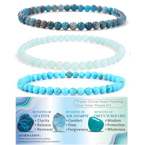 4mm 6mm 8mm Healing Crystal Bracelets for Women Men Natural Stone Beaded Stretch Bracelet Handmade Gemstone Reiki Spiritual Jewelry Gifts - color: Apatite+Aquamarine+Green Turquoise-Healing, size: 4mm