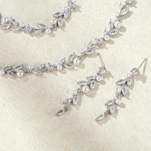 EVER FAITH Cubic Zirconia Pearl Leaf Bridal Jewelry Set for Bride Women | White Wedding Prom Necklace Dangle Earrings Bracelet, for Bridesmaid - color: Leaves_Silver-Plated-Brass