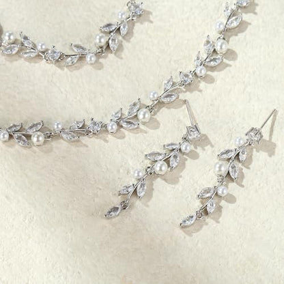 EVER FAITH Cubic Zirconia Pearl Leaf Bridal Jewelry Set for Bride Women | White Wedding Prom Necklace Dangle Earrings Bracelet, for Bridesmaid - color: Leaves_Silver-Plated-Brass
