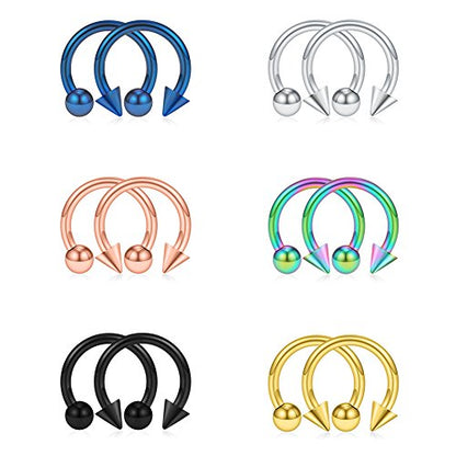 SCERRING 12PCS 316L Stainless Steel 16G Circular Barbells Eyebrow Lip Ear Tragus Horseshoe Hoop Rings 6-12mm - style: 6mm w Balls&Spikes