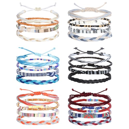 24 Pcs Boho Surfer Bracelet Anklet Cord Wrap Rope String Adjustable Beaded Anklets Handmade Braided Colorful Summer Friendship Bracelets Surfer Beach Bracelet Boho Jewelry for Women Men