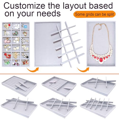 Set of 8 Stackable Jewelry Organizer X-Large Velvet Jewellry Trays Jewelryy Drawer Inserts, Earring Ring Brooch Necklace Bracelet Watch Display Plate with Removable Dividers - color: GREY, size: X-Large