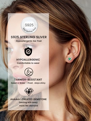 Bestyle 8mm Small Birthstone Earrings for Women with Hypoallergenic Sterling Silver Post,Sparkle Heart/Round Womens Studs Earrings, Great Birthday/Christmas/Anniversary Jewelry for Wife Mother - color: 05. May Emerald-Heart