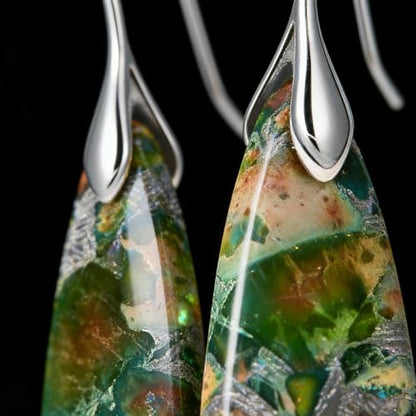 Boho Natural Imperial Jasper Teardrop Dangle Earrings for Women – Hypoallergenic French Hook Stone Drop Earrings Jewelry - color: Green Silvery Hook