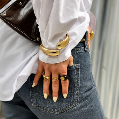 Chunky Gold Bangle Bracelets for Women Trendy 14K Gold Plated Cuff Bracelets Stack, Dainty Gold Bracelet Sets Non Tarnish Fashion Jewelry Gift - style: Gold-3pc-011