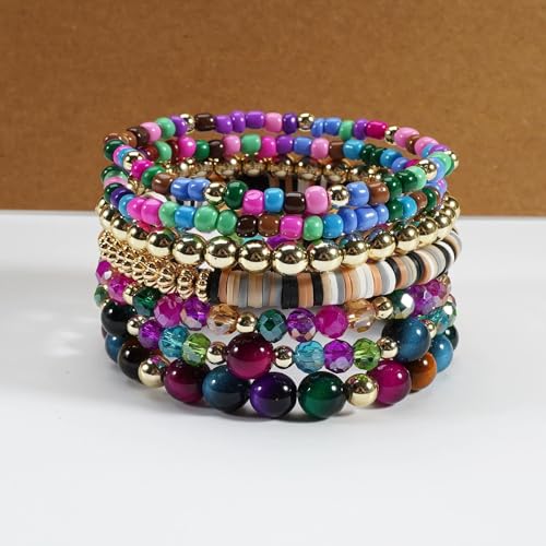 7/12Pcs Set Bohemian Stackable Crystal Seed Beaded Elastic Stretch Bracelet Multilayerd Handmade Brass Bead for Women Jewelry Surfer Heishi Polymer Clay Layering - color: colorful