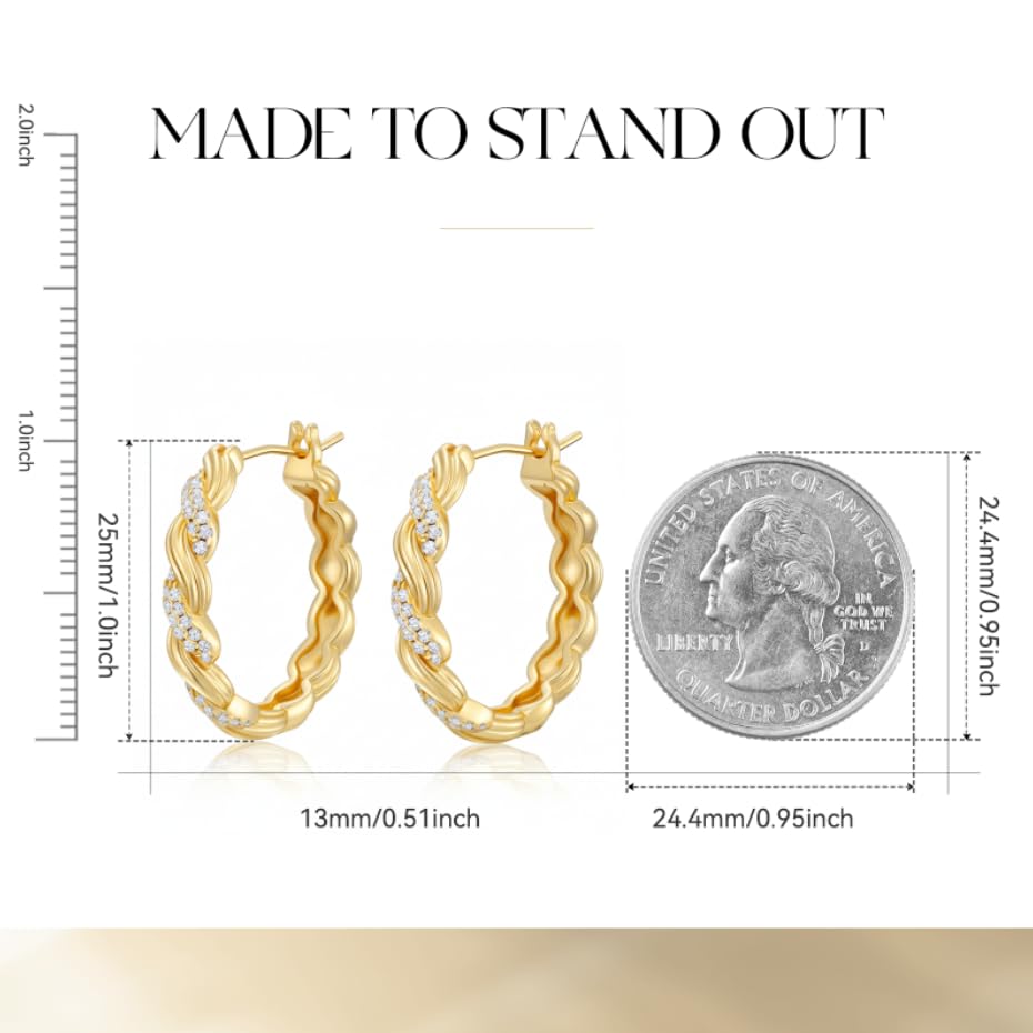 Gold Hoop Earrings 14K Gold Earring for Women Twisted Design with Sculpted Texture Hoops Earring for Womens Minimalist Huggie Earring Jewelry Gifts 25mm
