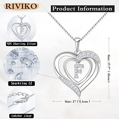 RIVIKO Heart Initial Necklace for Women, 925 Sterling Silver Letter Pendant,Personalized Charm Alphabet Jewelry Valentines Mother's Day Anniversary Christmas Birthday Gifts for Women Her Mom Wife - color: Letter-F