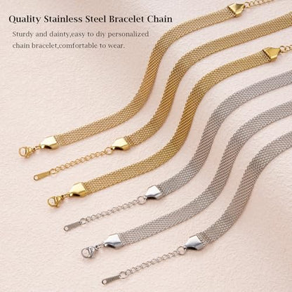 KYUNHOO 6.7 Inches Stainless Steel Charm Bracelet Chains Bulk with Extender | 10pcs Gold and Silver Bracelets Set 8MM Wide Chain Bracelet for Crafts Jewelry Making Supplies - color: mesh