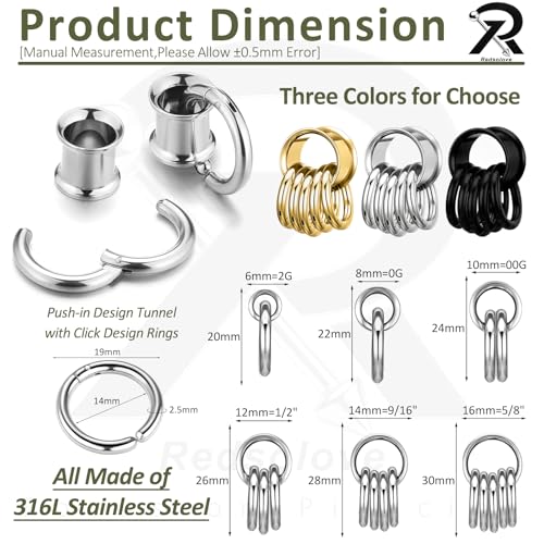 1 Pair Ear Guages with Rings 316L Stainless Steel Saddle Plugs for Ears Hypoallergenic Hoop Earrings Weights Stretchers Ears Tunnels Expander Piercing 0G 00G 1/2" 9/16" - color: Black;0G(8mm)